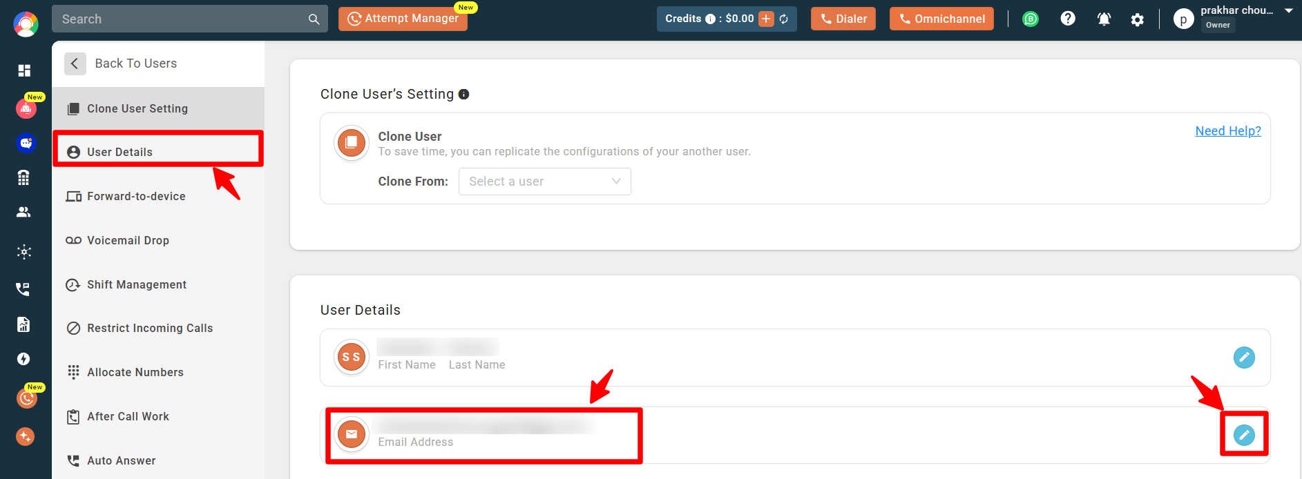 User Details page with the blue edit icon next to the sub-user email address highlighted