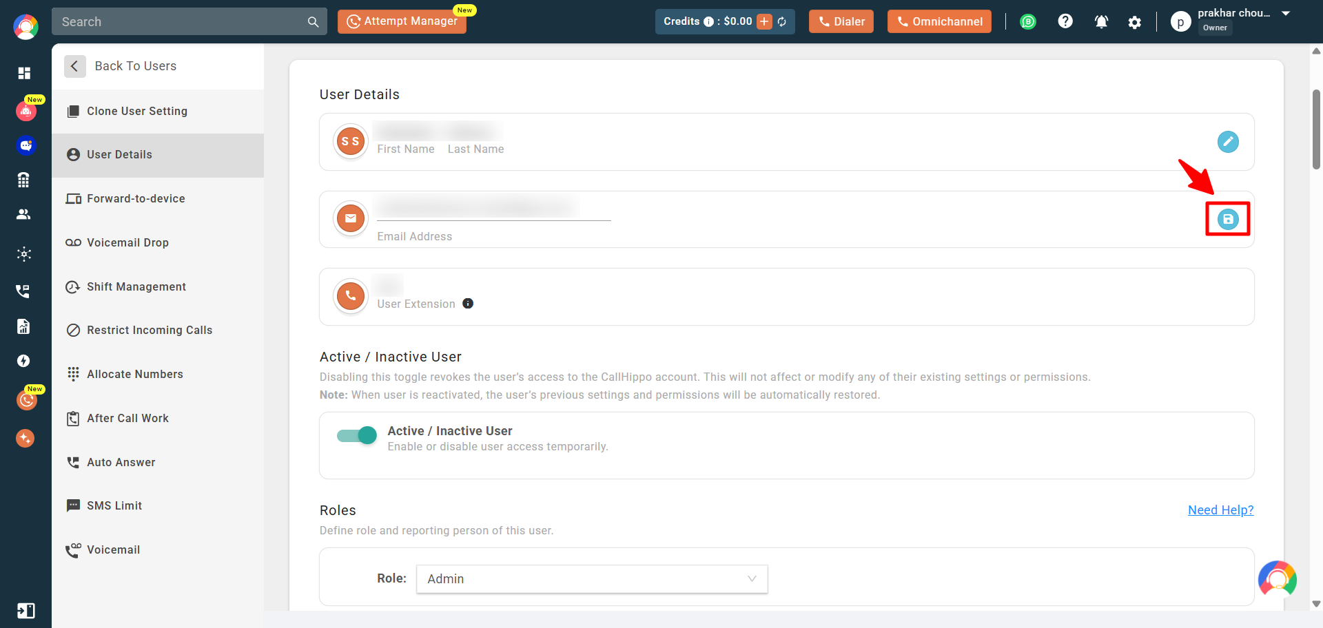 User Details page with the blue save button next to the email field highlighted