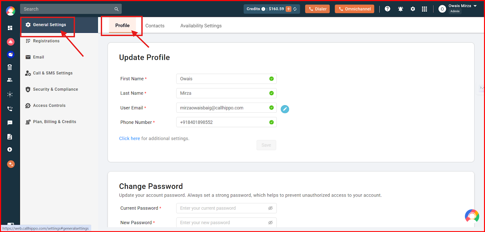 General Settings Profile tab showing the Update Profile and Change Password sections