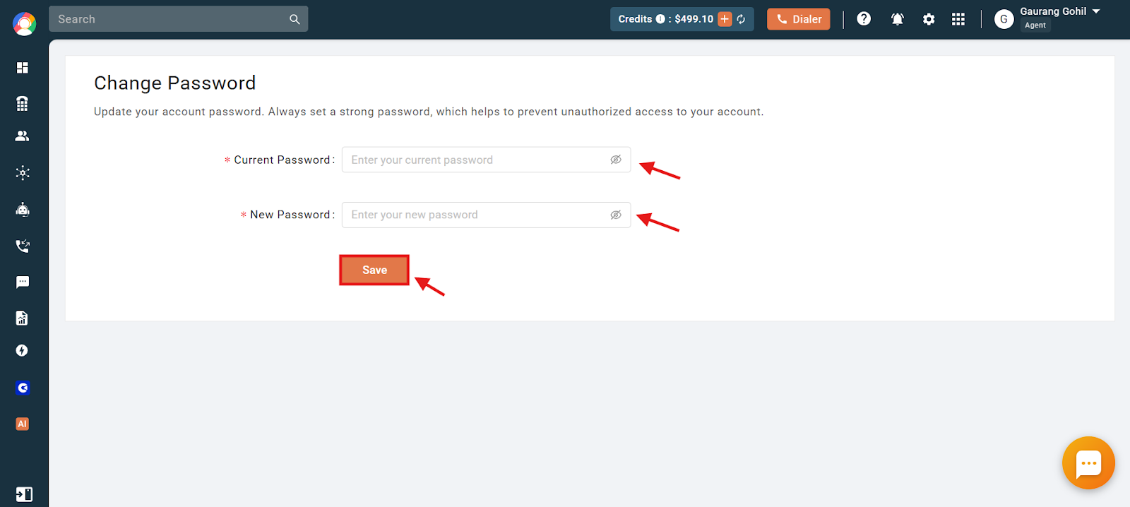 Change Password form with Current Password and New Password fields and the Save button