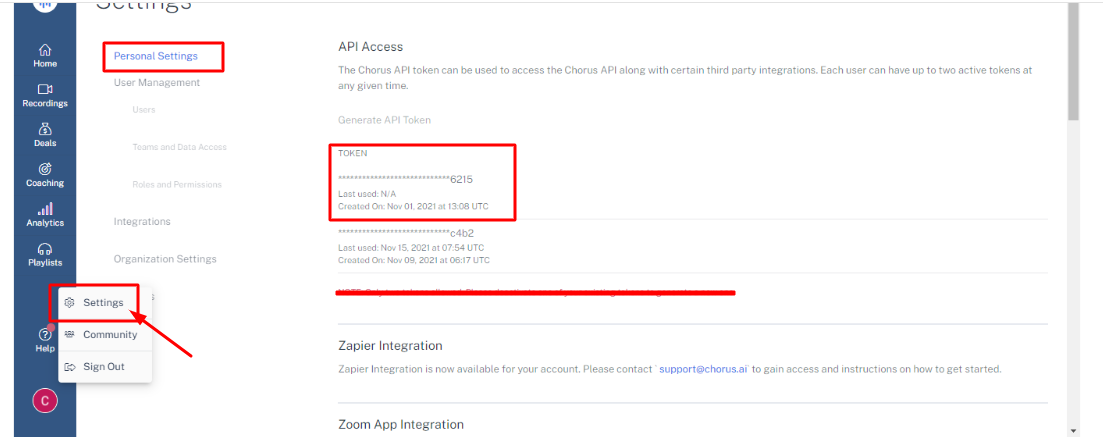 Chorus Personal Settings page showing the API Access token to copy