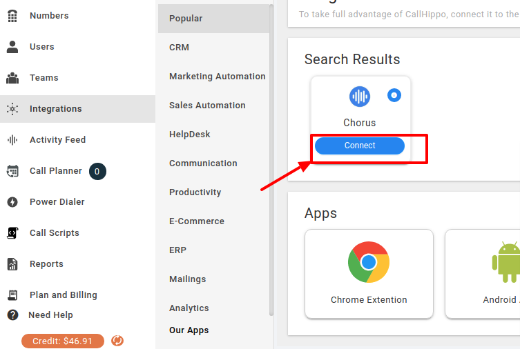 CallHippo Integrations search result for Chorus with the Connect button