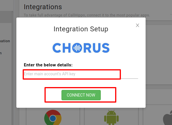 CallHippo Chorus Integration Setup popup to enter the API key and Connect Now