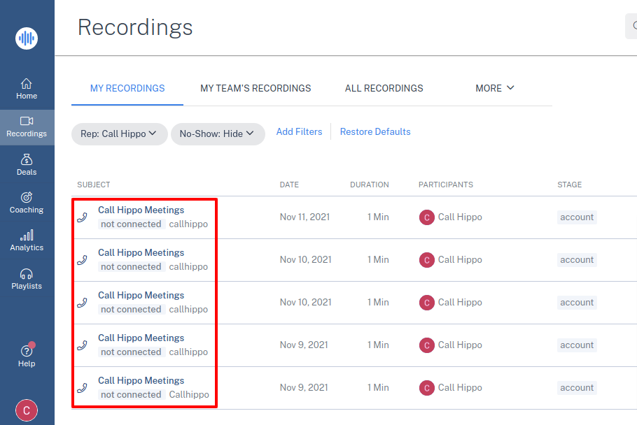 Chorus My Recordings section showing CallHippo calls synced from the dialer
