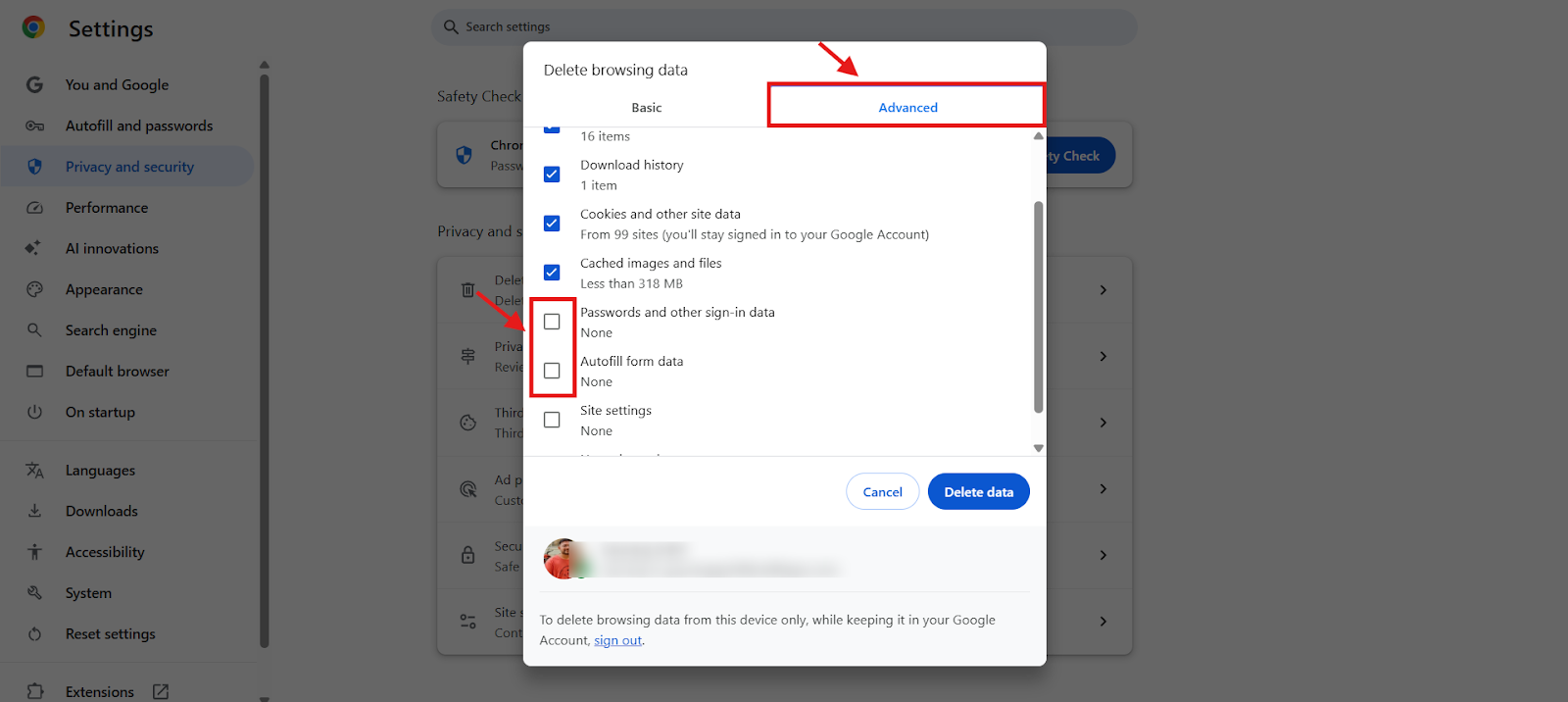 Chrome Advanced tab with Passwords and Autofill form data left unchecked