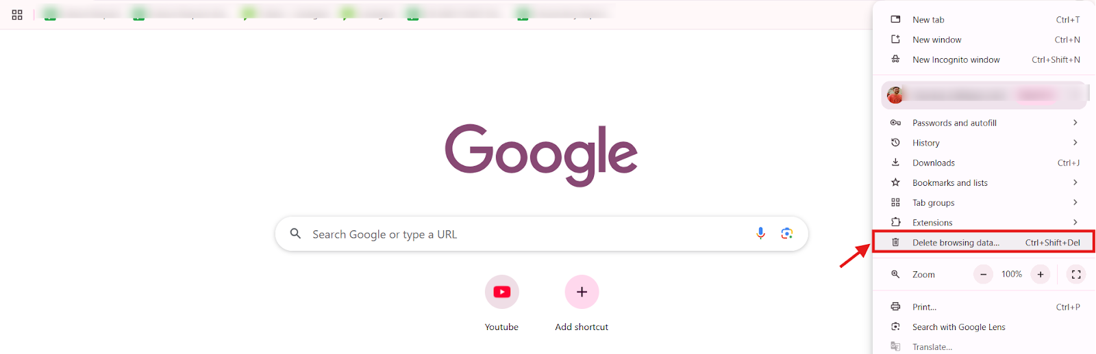 Delete browsing data option highlighted in the Chrome menu