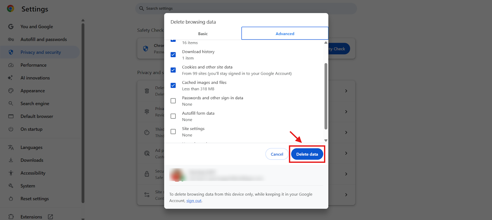 Clicking Delete data to clear Chrome browsing data