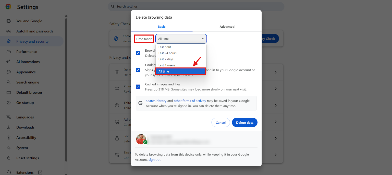 Setting the time range to All time in the Chrome Delete browsing data dialog
