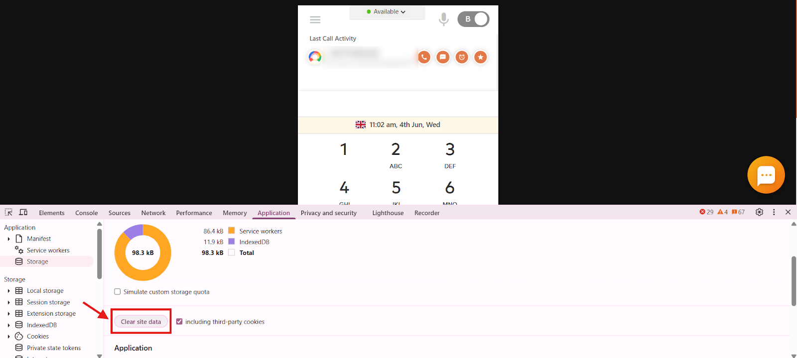 Chrome DevTools Application storage view with Clear site data button highlighted