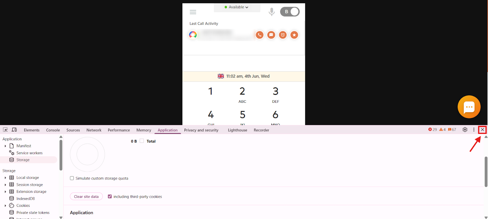 Chrome DevTools panel with the close button highlighted after site data is cleared