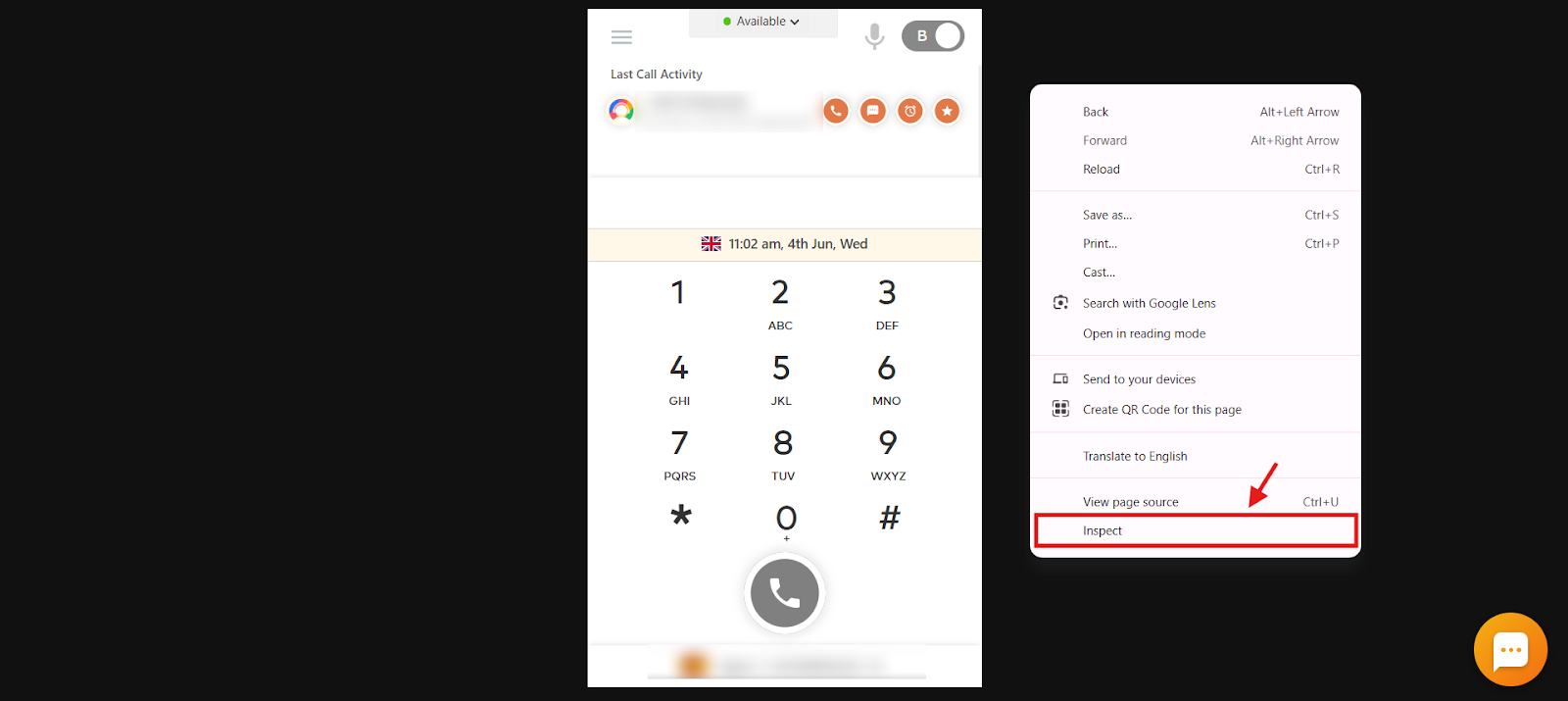 Chrome right-click context menu with Inspect highlighted