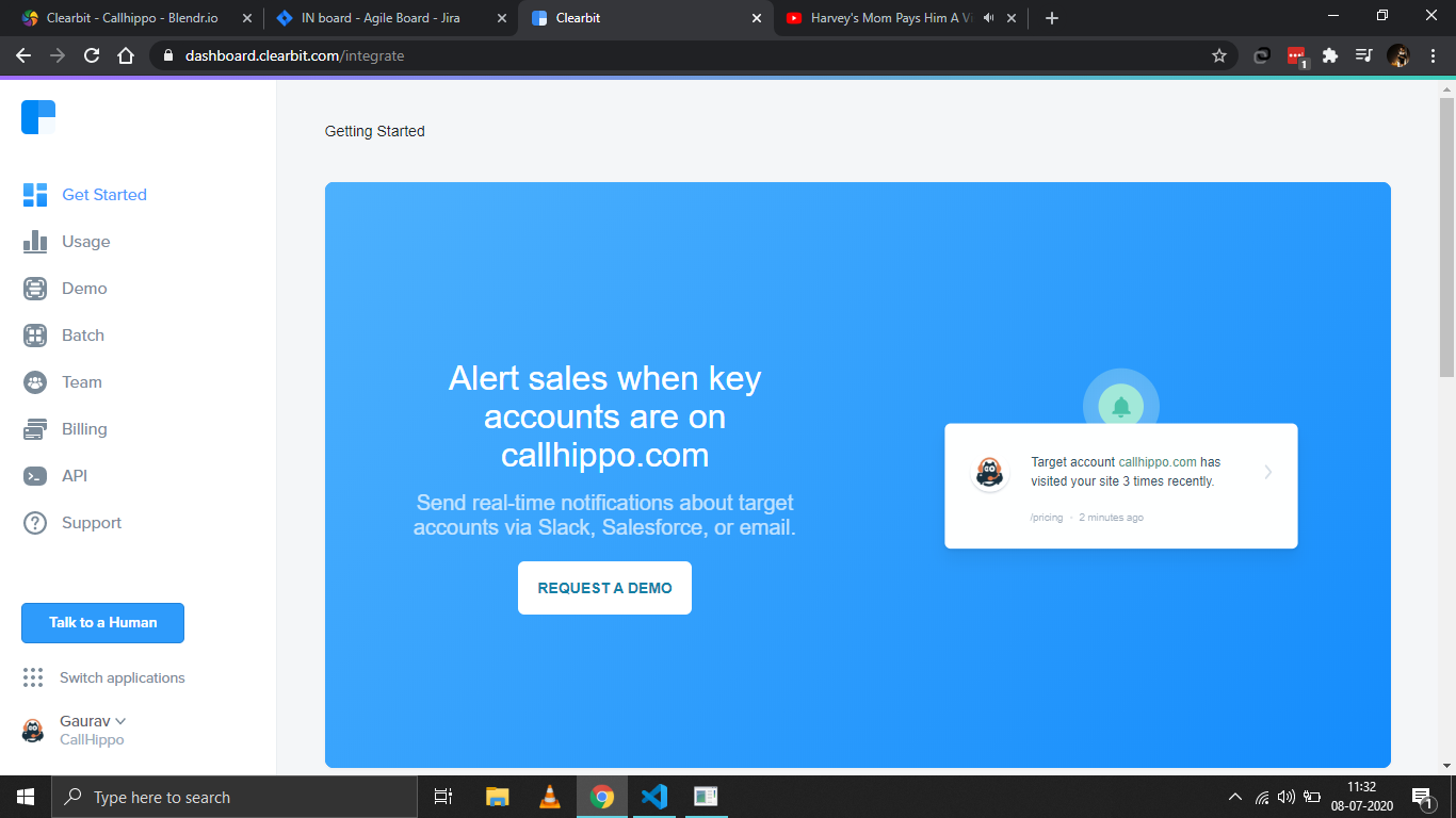 Clearbit dashboard Getting Started page with API menu in left sidebar