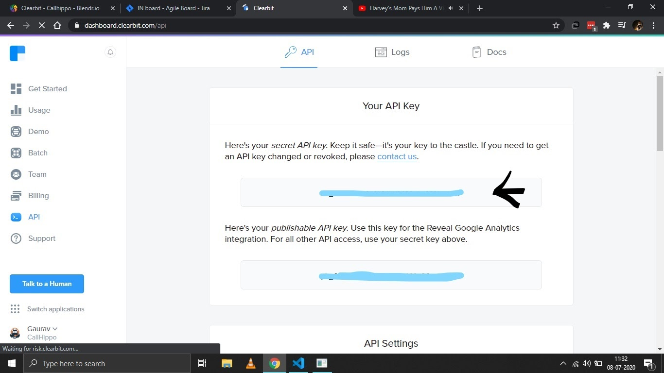Clearbit API page showing the secret API key field