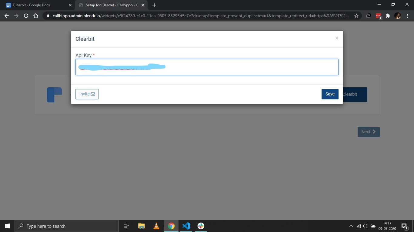 CallHippo Clearbit setup popup with API Key field and Save button
