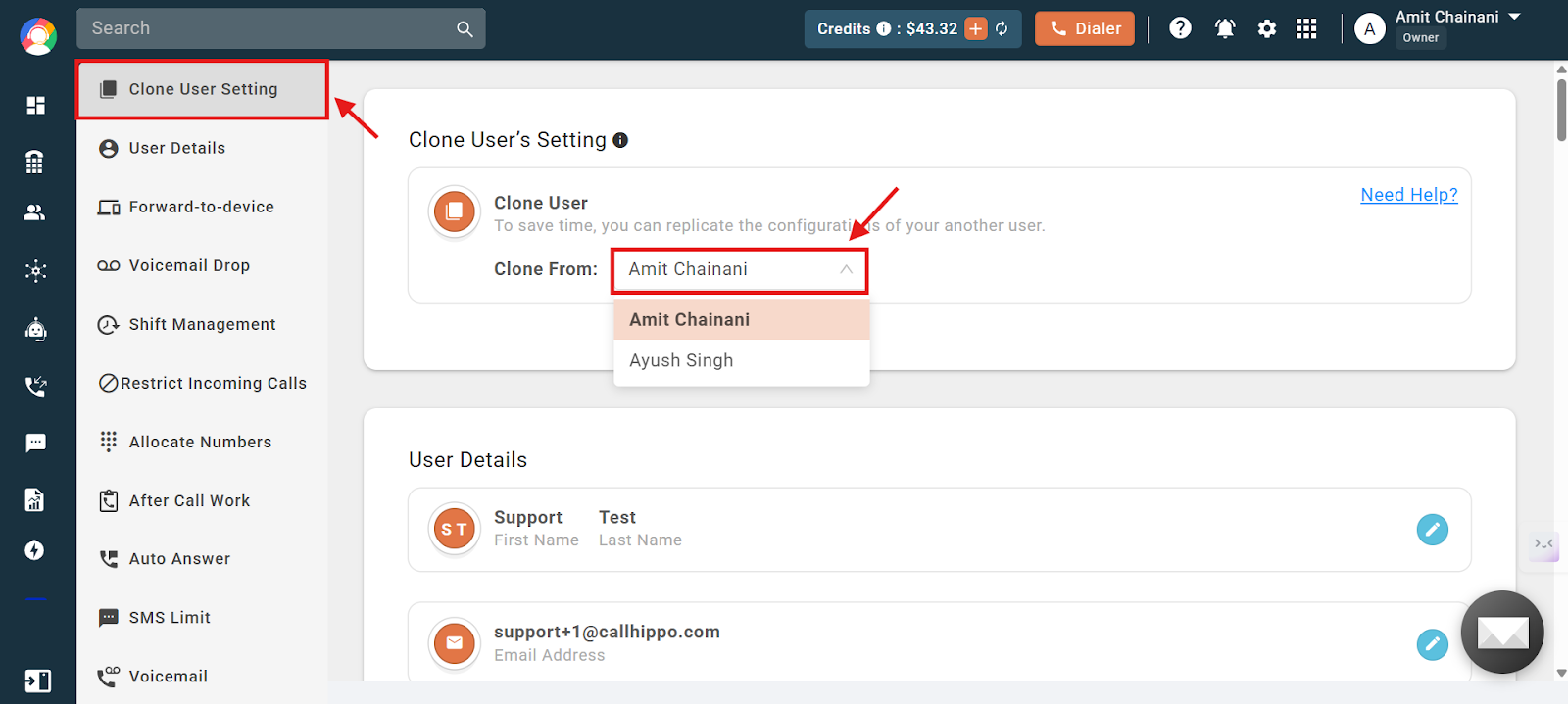 Clone User Setting tab with the Clone From dropdown listing active users
