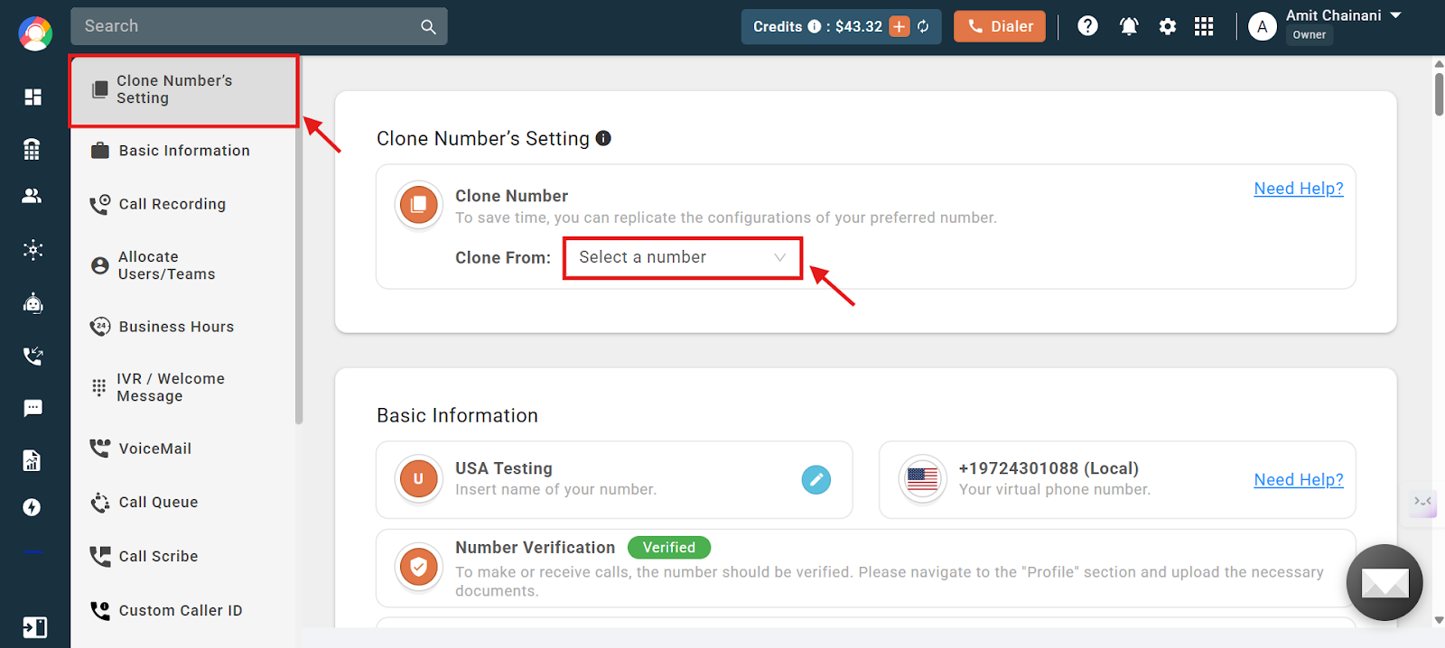 CallHippo Numbers list with the settings gear icon highlighted in the Action column