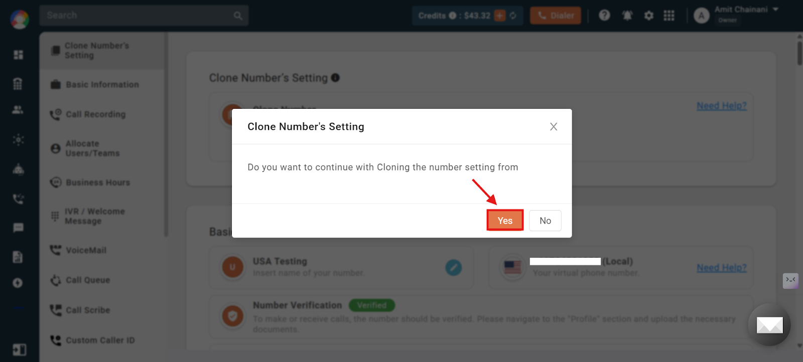 Clone Number Setting tab with the Clone From dropdown to select a number