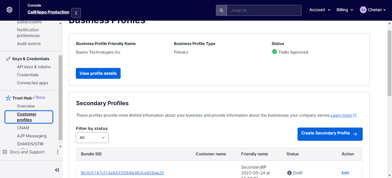 Twilio Trust Hub Business Profiles page with the Create Secondary Profile button