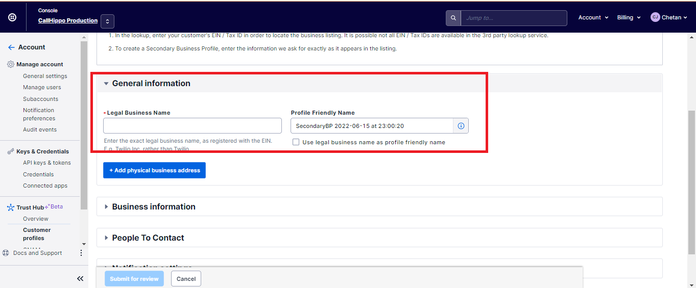 General Information section showing Legal Business Name and Profile Friendly Name fields