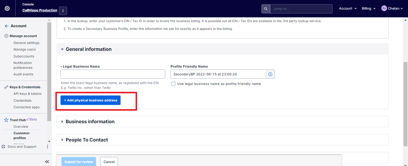 Add physical business address button highlighted in the General Information section
