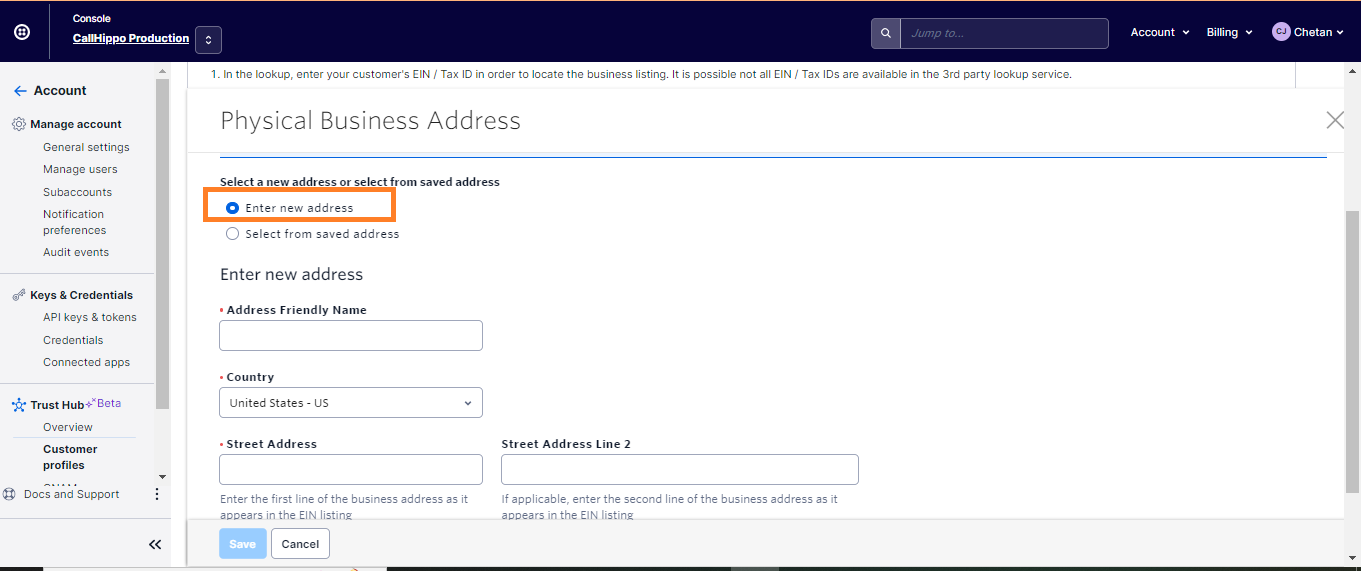 Physical Business Address dialog with the Enter new address option selected