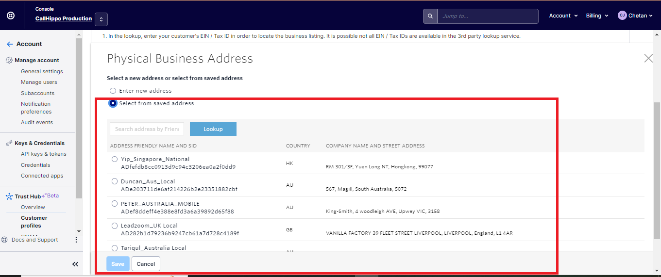 Physical Business Address dialog with the Select from saved address option and a list of saved addresses