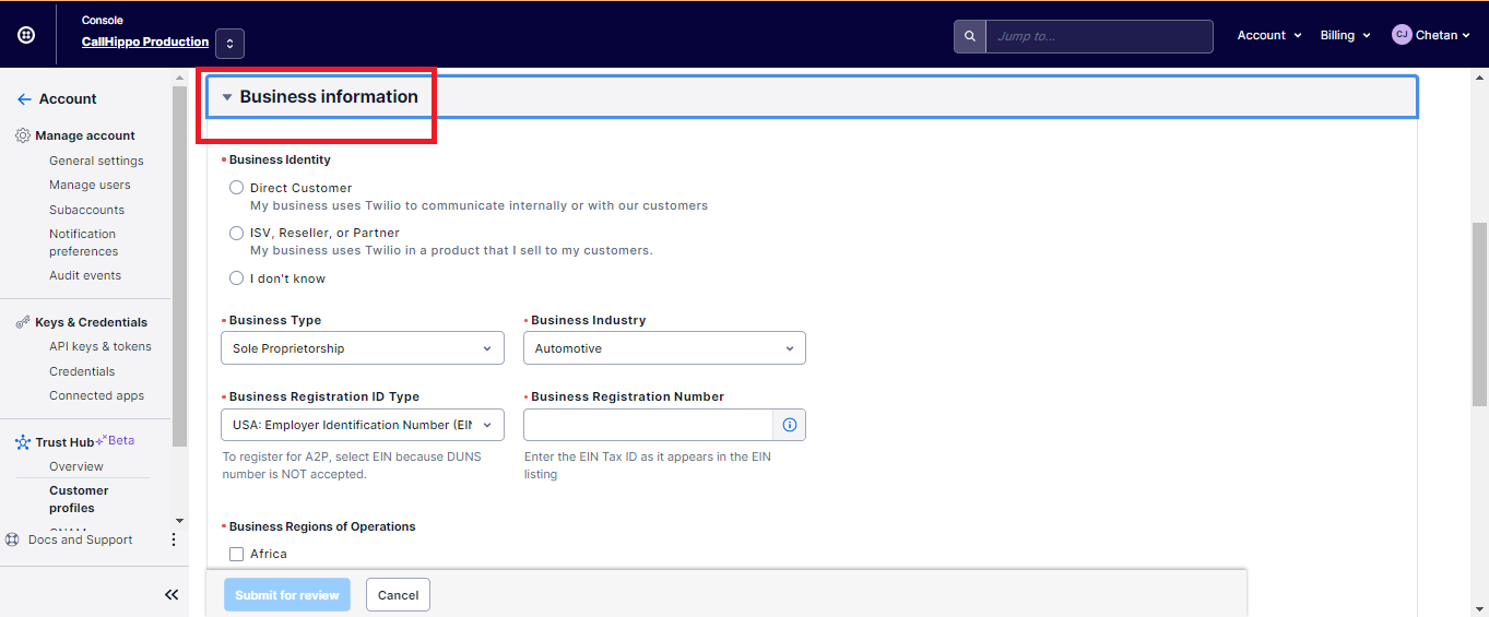 Business Information section with business identity, type, industry and registration ID fields