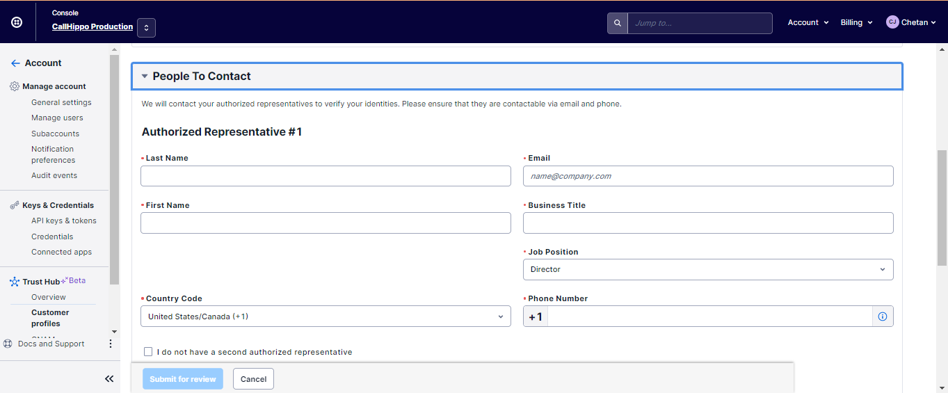 People To Contact section showing authorized representative name, email and phone fields