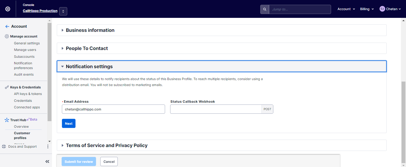 Notification settings section with email address field