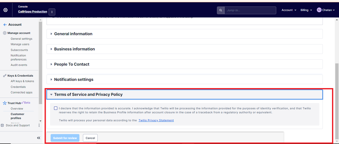 Terms of Service and Privacy Policy section with the Submit for review button