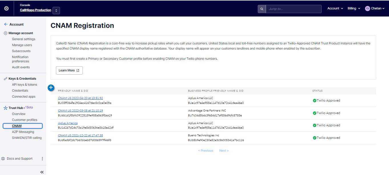 CNAM Registration page with the add icon and list of registered CNAM display names