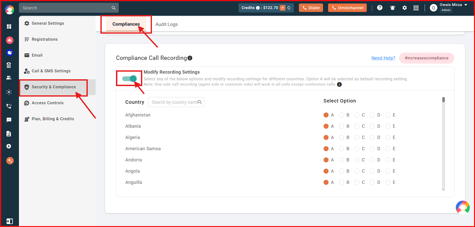 Security and Compliance panel with the Compliance tab and Modify Recording Settings toggle highlighted