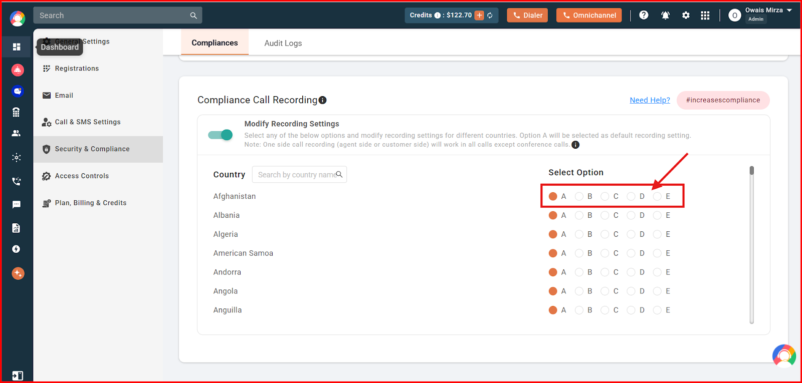 Compliance Call Recording country list with A to E recording option radio buttons highlighted