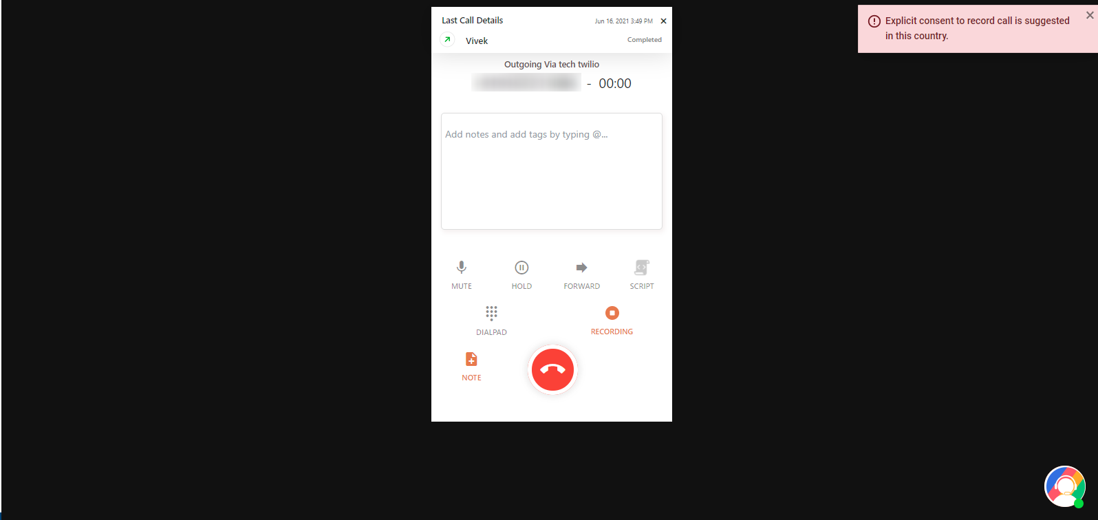 CallHippo dialer showing an Explicit consent to record call is suggested notification