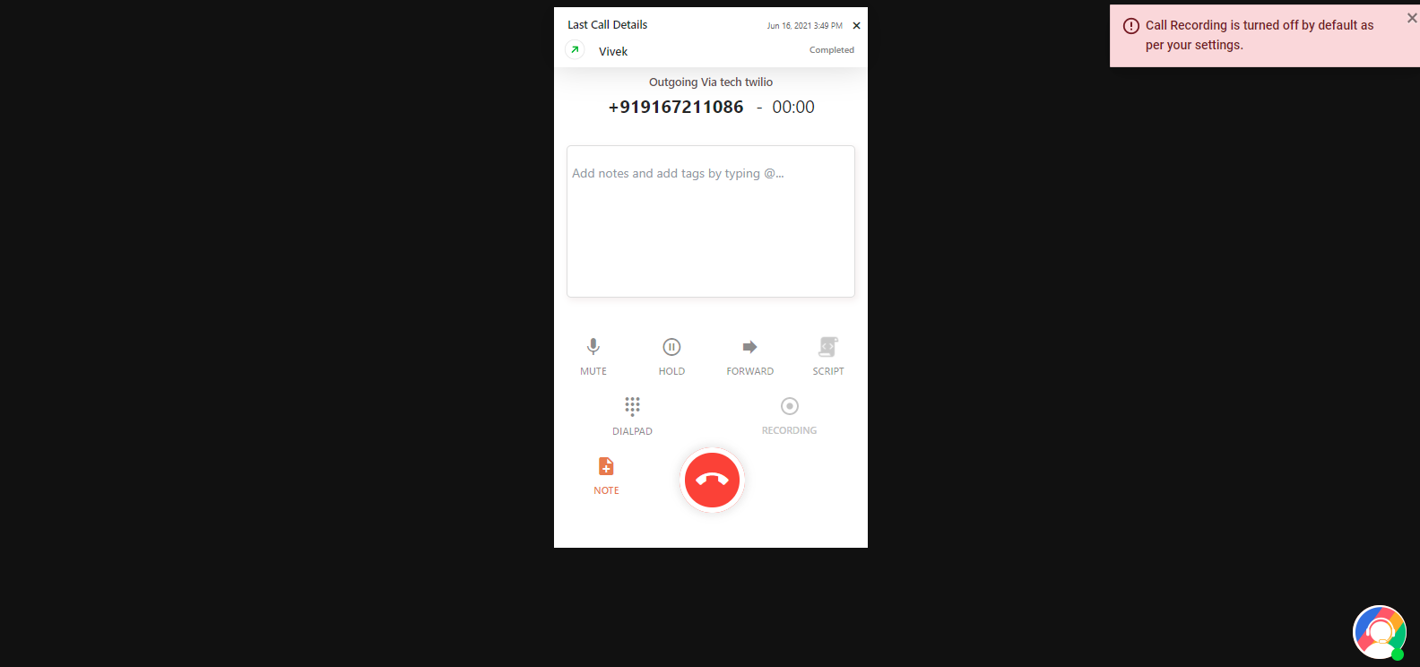 CallHippo dialer showing a Call Recording is turned off by default notification with the recording button disabled