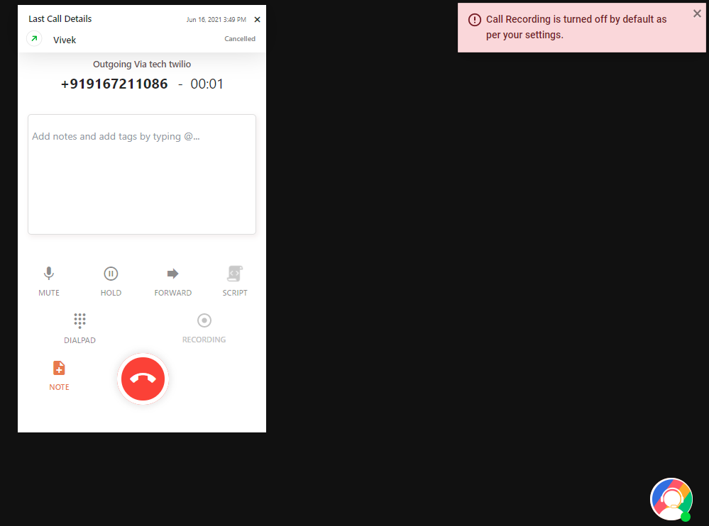 CallHippo dialer showing a Call Recording is turned off by default notification after a call