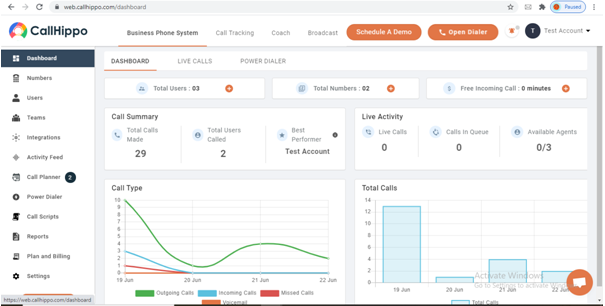 CallHippo dashboard home screen after logging in