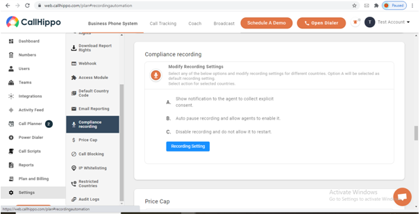 Compliance recording settings page showing the three recording options and Recording Setting button