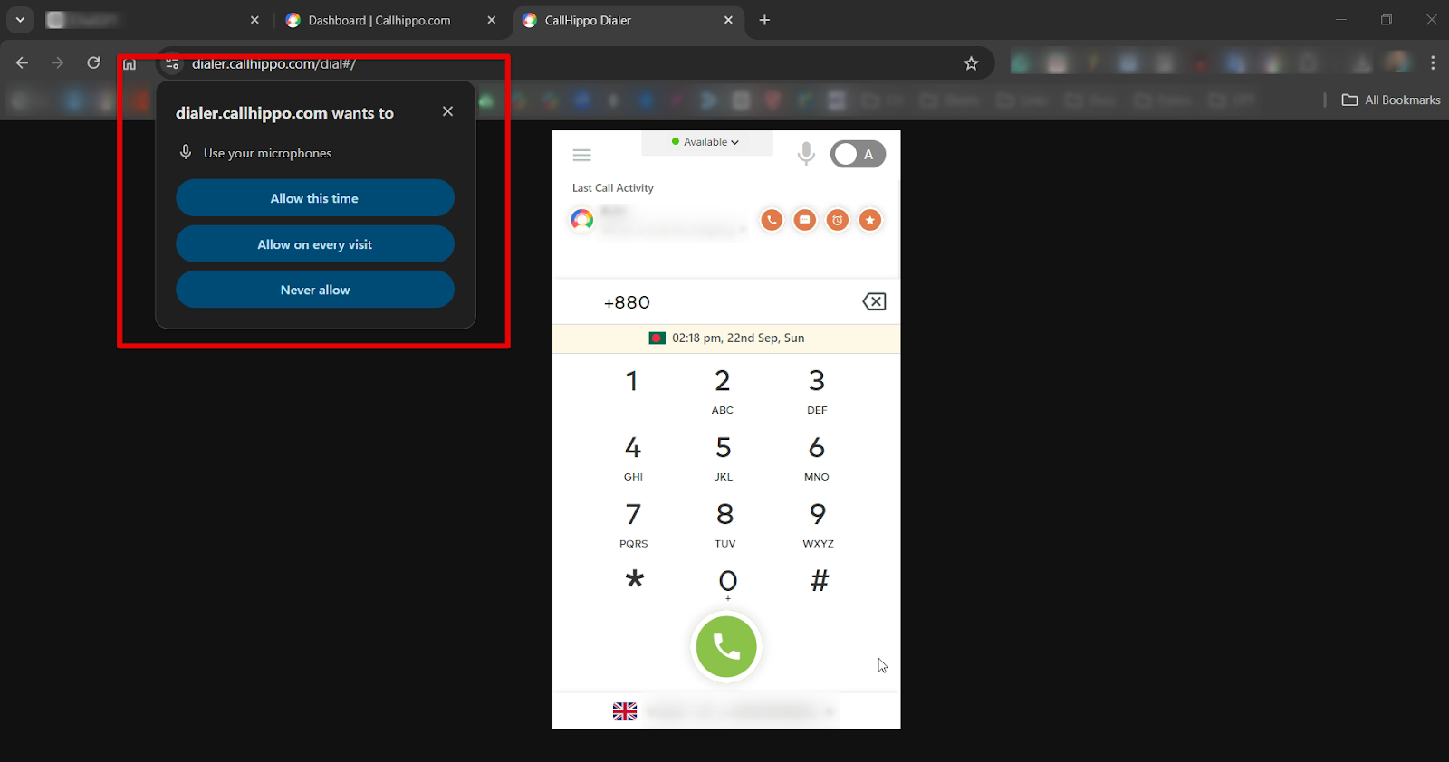 Chrome prompt asking to allow microphone access for the CallHippo dialer