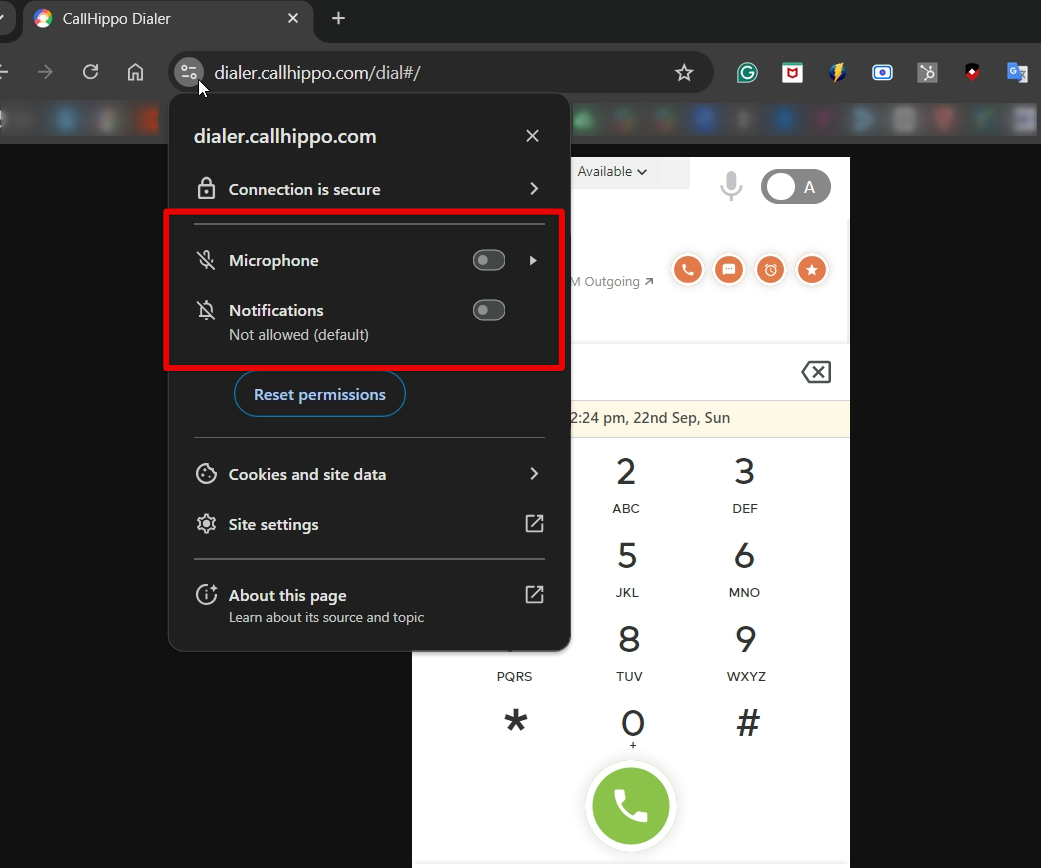 Chrome site permissions panel with Microphone and Notifications toggles enabled