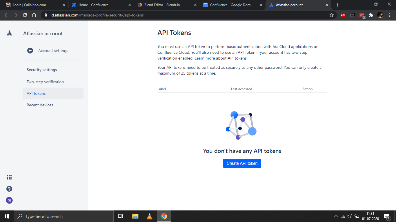 Atlassian account API tokens page with the Create API token button