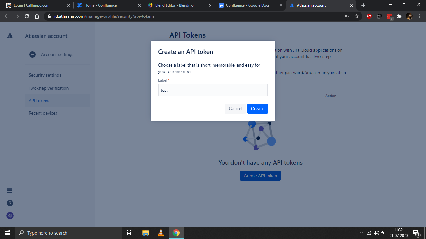 Atlassian Create an API token dialog with a label field and Create button