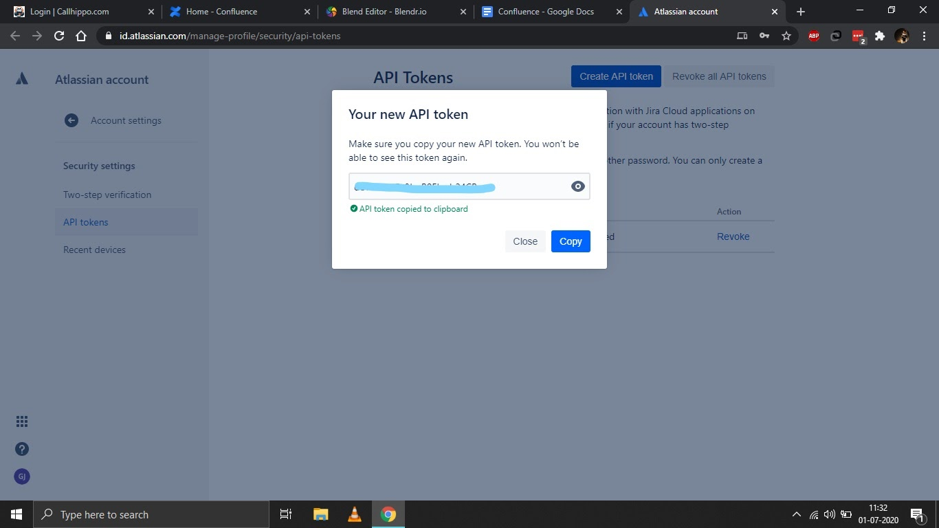Atlassian Your new API token dialog prompting you to copy the token