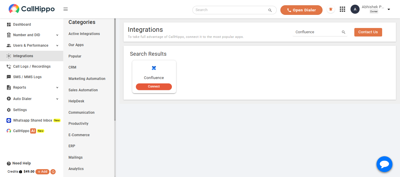 CallHippo integrations search showing the Confluence Connect button