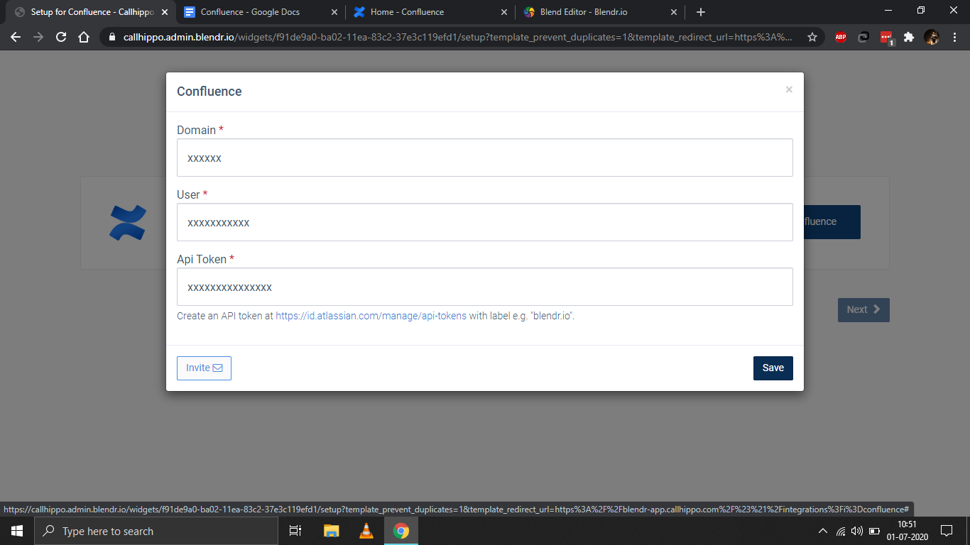 CallHippo Confluence dialog with Domain, User, and API Token fields