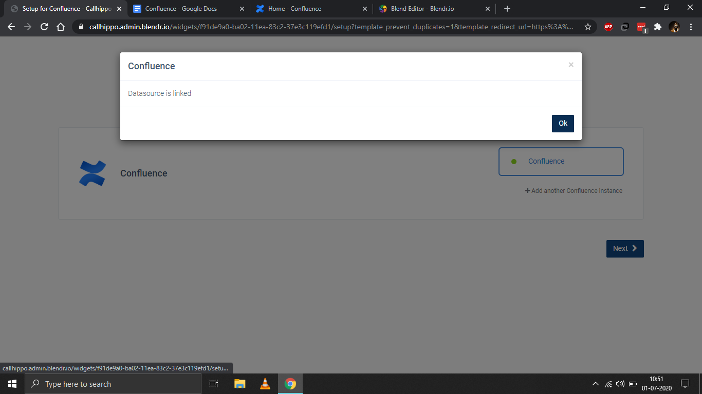 CallHippo Confluence dialog showing the Datasource is linked confirmation