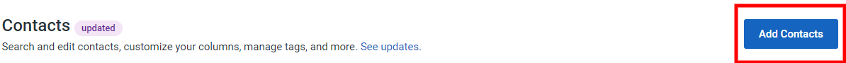 Constant Contact Contacts page with the Add Contacts button highlighted