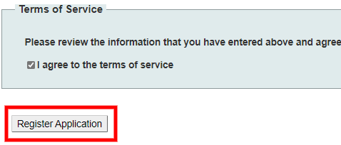 Constant Contact Terms of Service checkbox checked with the Register Application button highlighted