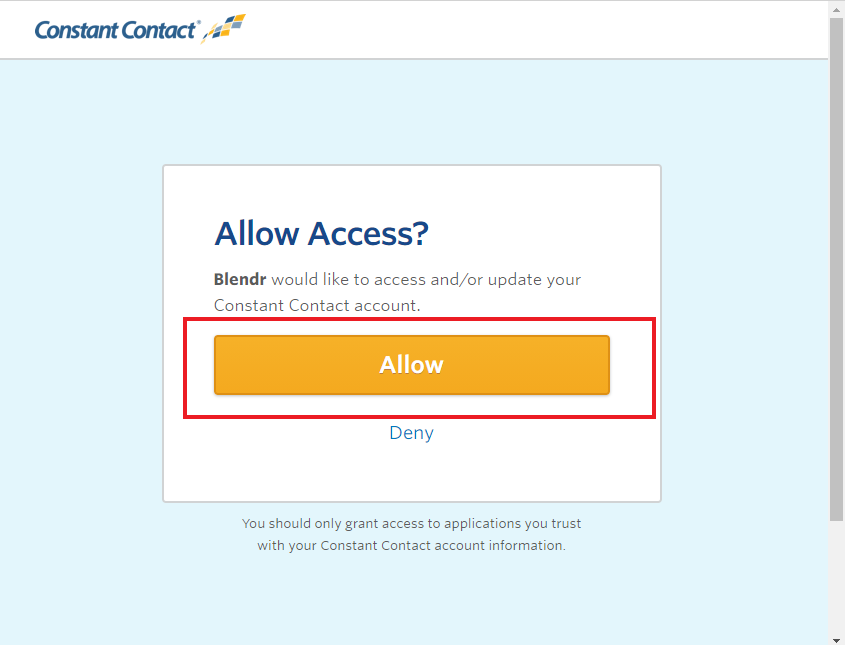 Constant Contact Allow Access permission screen with the Allow button highlighted