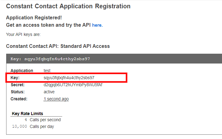 Constant Contact Application Registered page with the API Key highlighted